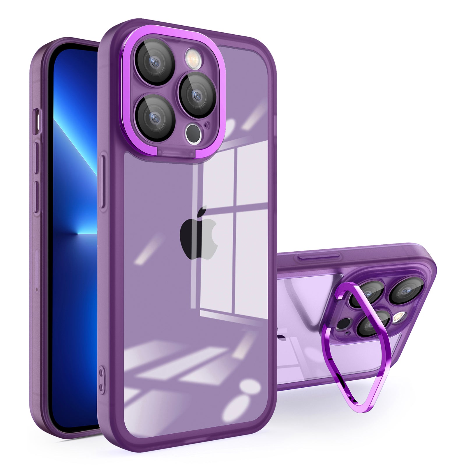 For iPhone 13 Pro 6.1 inch PC Kickstand Phone Case Matte Electroplating TPU Cover with Lens Protector For iPhone 13 Pro 6.1 inch PC Kickstand Phone Case Matte Electroplating TPU Cover with Lens Protector